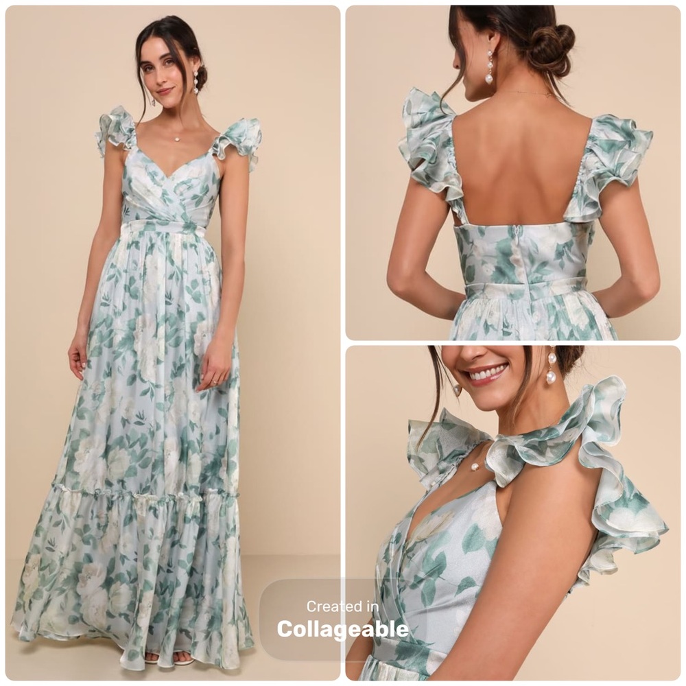 NWT - Lulus Soiree Perfection Light Blue Floral Ruffled Tiered Maxi Dress